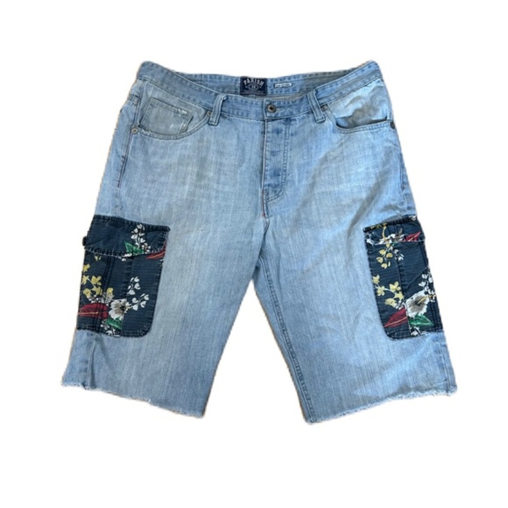Parish Mens Deco Pocket Denim Cargo  Cut Off Shorts Y2K Sz 36 Floral Streetwear